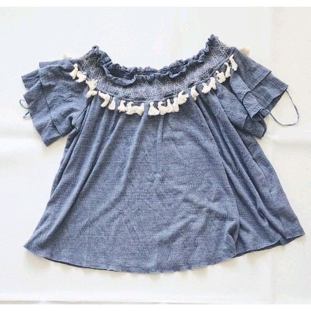 PAPER CRANE Tassel Shirred Off Shoulder Top - Size Small Blue
